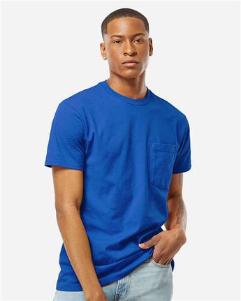 Pretreated Tultex 293 Unisex Heavyweight Jersey Pocket T-Shirt - Royal - On Model