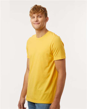 Pretreated Tultex 602CVC Unisex Combed CVC T-Shirt - Heather Gold - On Model - Side