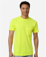 Pretreated Tultex 293 Unisex Heavyweight Jersey Pocket T-Shirt - Safety Green - On Model