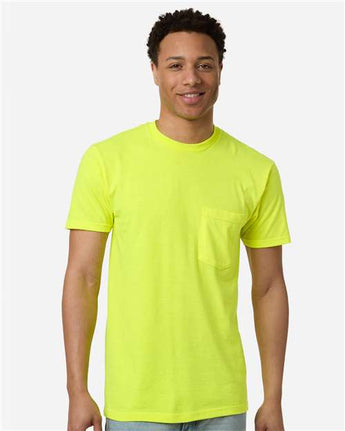 Pretreated Tultex 293 Unisex Heavyweight Jersey Pocket T-Shirt - Safety Green - On Model