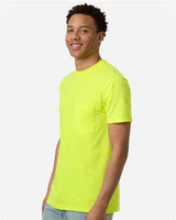 Pretreated Tultex 293 Unisex Heavyweight Jersey Pocket T-Shirt - Safety Green - On Model - Side