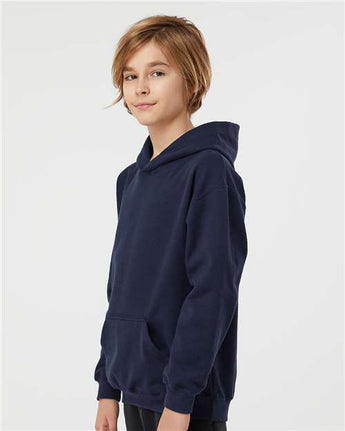 Pretreated Tultex 320Y Youth Hooded Sweatshirt - Navy - On Model - Side