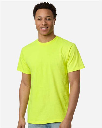 Pretreated Tultex 290 Unisex Heavyweight Jersey T-Shirt - Safety Green - On Model