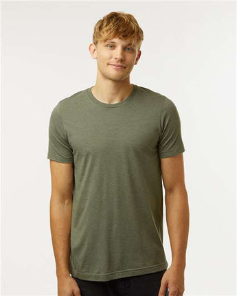 Pretreated Tultex 602CVC Unisex Combed CVC T-Shirt - Heather Military Green - On Model
