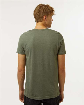Pretreated Tultex 602CVC Unisex Combed CVC T-Shirt - Heather Military Green - On Model - Back