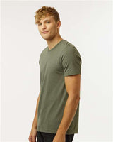 Pretreated Tultex 602CVC Unisex Combed CVC T-Shirt - Heather Military Green - On Model - Side