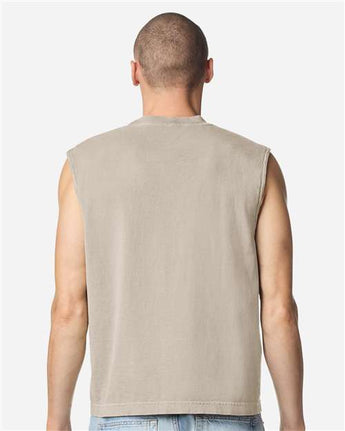 Pretreated American Apparel 207GD Unisex Heavyweight Cotton Garment-Dyed Boxy Muscle Tee - Faded Bone - On Model - Back