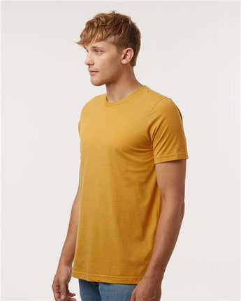 Pretreated Tultex 602CVC Unisex Combed CVC T-Shirt - Heather Mustard - On Model - Side
