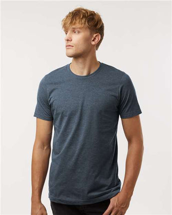 Pretreated Tultex 602CVC Unisex Combed CVC T-Shirt - Heather Navy Blue - On Model