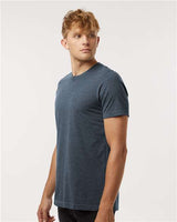 Pretreated Tultex 602CVC Unisex Combed CVC T-Shirt - Heather Navy Blue - On Model - Side