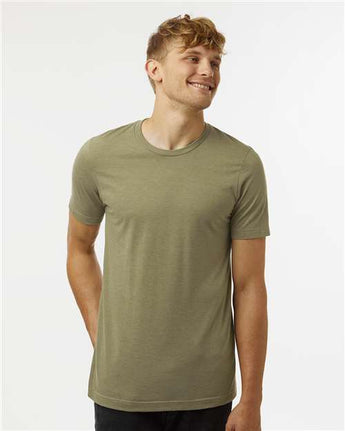 Pretreated Tultex 602CVC Unisex Combed CVC T-Shirt - Heather Olive Green - On Model