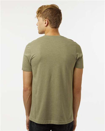 Pretreated Tultex 602CVC Unisex Combed CVC T-Shirt - Heather Olive Green - On Model - Back