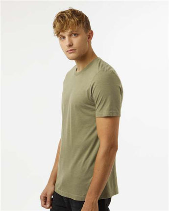 Pretreated Tultex 602CVC Unisex Combed CVC T-Shirt - Heather Olive Green - On Model - Side