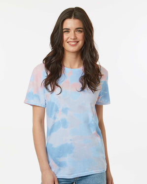 Pretreated Colortone 1355 Unisex Vintage Tie-Dyed T-Shirt - Model wearing Zephyr colored tee.