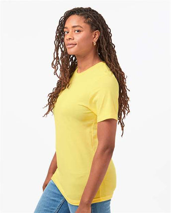 Pretreated Tultex 602CVC Unisex Combed CVC T-Shirt - Heather Yellow - On Model - Side