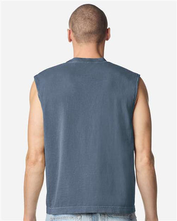 Pretreated American Apparel 207GD Unisex Heavyweight Cotton Garment-Dyed Boxy Muscle Tee - Faded Navy - On Model - Back