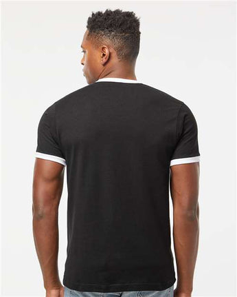 Pretreated Tultex 246 Unisex Fine Jersey Ringer T-Shirt - Black/ White - On Model - Back