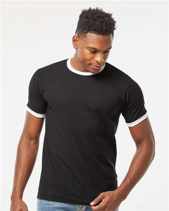 Pretreated Tultex 246 Unisex Fine Jersey Ringer T-Shirt - Black/ White - On Model