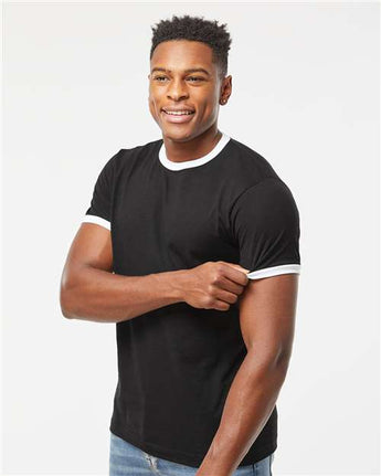 Pretreated Tultex 246 Unisex Fine Jersey Ringer T-Shirt - Black/ White - On Model - Side