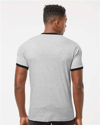 Pretreated Tultex 246 Unisex Fine Jersey Ringer T-Shirt - Heather Grey/ Black - On Model - Back