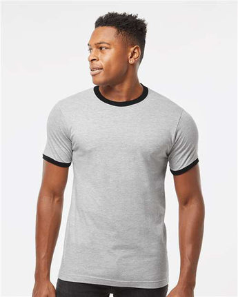 Pretreated Tultex 246 Unisex Fine Jersey Ringer T-Shirt - Heather Grey/ Black - On Model