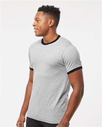 Pretreated Tultex 246 Unisex Fine Jersey Ringer T-Shirt - Heather Grey/ Black - On Model - Side
