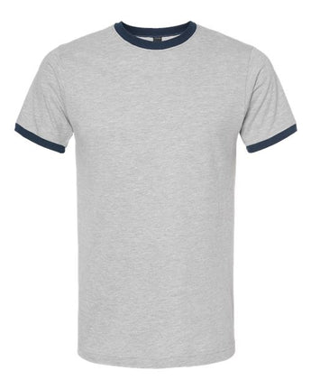Pretreated Tultex 246 Unisex Fine Jersey Ringer T-Shirt - Heather Grey/ Navy