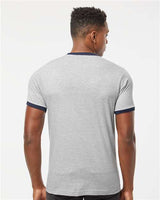 Pretreated Tultex 246 Unisex Fine Jersey Ringer T-Shirt - Heather Grey/ Navy - On Model - Back