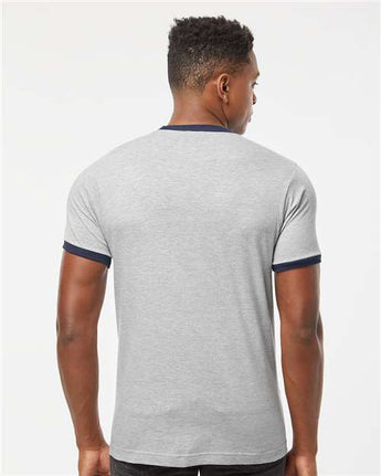 Pretreated Tultex 246 Unisex Fine Jersey Ringer T-Shirt - Heather Grey/ Navy - On Model - Back