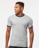 Pretreated Tultex 246 Unisex Fine Jersey Ringer T-Shirt - Heather Grey/ Navy - On Model