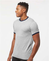 Pretreated Tultex 246 Unisex Fine Jersey Ringer T-Shirt - Heather Grey/ Navy - On Model - Side