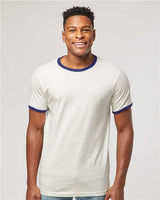 Pretreated Tultex 246 Unisex Fine Jersey Ringer T-Shirt - Vintage White/ Inked India - On Model