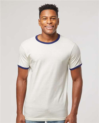 Pretreated Tultex 246 Unisex Fine Jersey Ringer T-Shirt - Vintage White/ Inked India - On Model