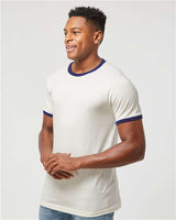 Pretreated Tultex 246 Unisex Fine Jersey Ringer T-Shirt - Vintage White/ Inked India - On Model - Side