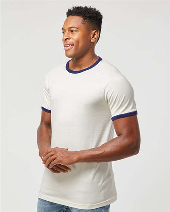 Pretreated Tultex 246 Unisex Fine Jersey Ringer T-Shirt - Vintage White/ Inked India - On Model - Side