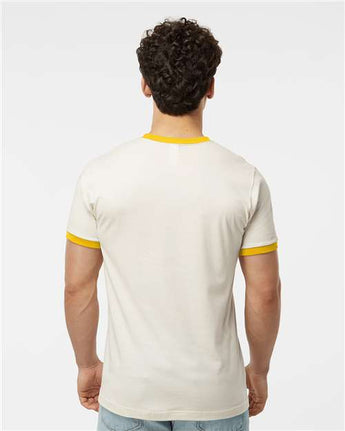 Pretreated Tultex 246 Unisex Fine Jersey Ringer T-Shirt - Vintage White/ Mellow Yellow - On Model - Back