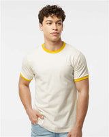 Pretreated Tultex 246 Unisex Fine Jersey Ringer T-Shirt - Vintage White/ Mellow Yellow - On Model
