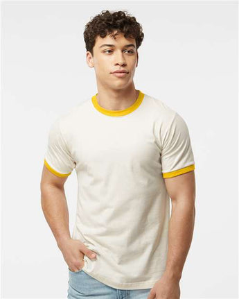Pretreated Tultex 246 Unisex Fine Jersey Ringer T-Shirt - Vintage White/ Mellow Yellow - On Model