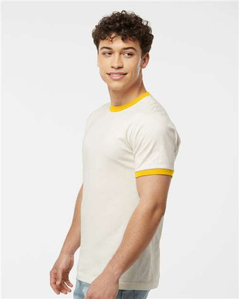 Pretreated Tultex 246 Unisex Fine Jersey Ringer T-Shirt - Vintage White/ Mellow Yellow - On Model - Side
