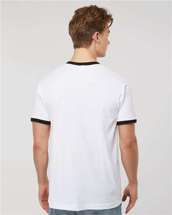 Pretreated Tultex 246 Unisex Fine Jersey Ringer T-Shirt - White/ Black - On Model - Back