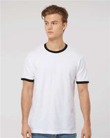 Pretreated Tultex 246 Unisex Fine Jersey Ringer T-Shirt - White/ Black - On Model