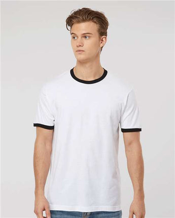 Pretreated Tultex 246 Unisex Fine Jersey Ringer T-Shirt - White/ Black - On Model