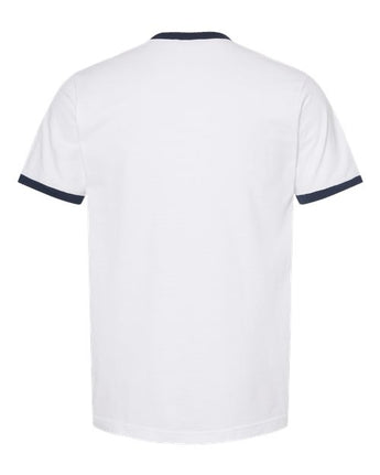 Pretreated Tultex 246 Unisex Fine Jersey Ringer T-Shirt - White/ Navy - Back