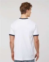 Pretreated Tultex 246 Unisex Fine Jersey Ringer T-Shirt - White/ Navy - On Model - Back