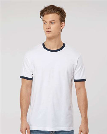 Pretreated Tultex 246 Unisex Fine Jersey Ringer T-Shirt - White/ Navy - On Model