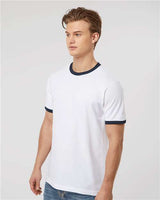 Pretreated Tultex 246 Unisex Fine Jersey Ringer T-Shirt - White/ Navy - On Model - Side