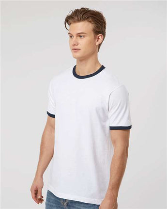 Pretreated Tultex 246 Unisex Fine Jersey Ringer T-Shirt - White/ Navy - On Model - Side