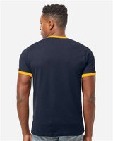 Pretreated Tultex 246 Unisex Fine Jersey Ringer T-Shirt - Navy/ Gold - On Model - Back