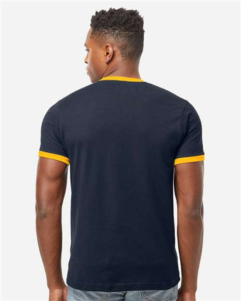 Pretreated Tultex 246 Unisex Fine Jersey Ringer T-Shirt - Navy/ Gold - On Model - Back