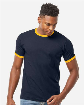 Pretreated Tultex 246 Unisex Fine Jersey Ringer T-Shirt - Navy/ Gold - On Model